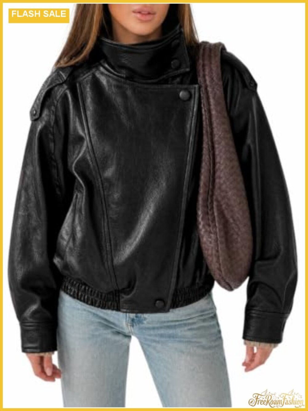 Faux Leather Bomber Jacket Oversized Zip Up Moto Biker Coat
